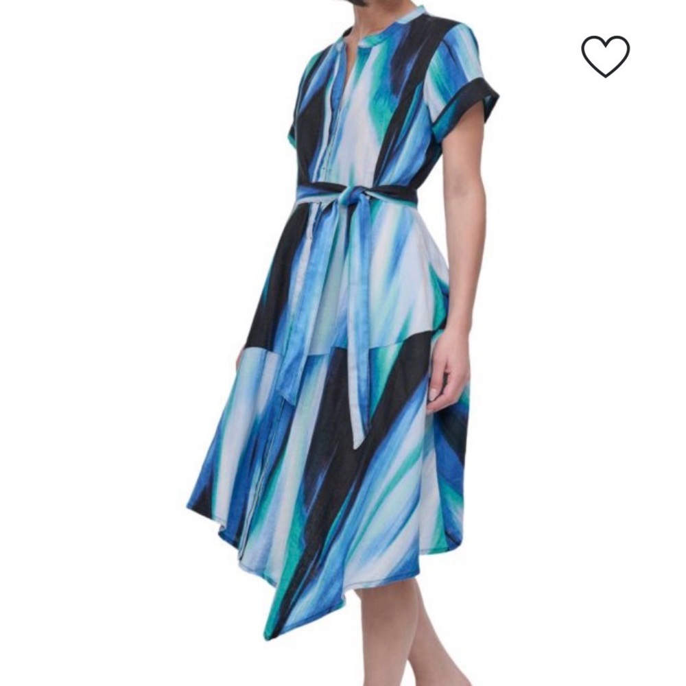 DKNY Pure Women’s Linen Midi Dress Short Sleeve Size 10 NWT blue‎ watercolor